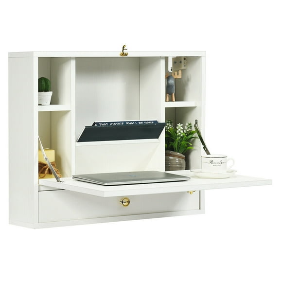 Gymax Wall Mounted Folding Laptop Desk Hideaway Organizer Storage Space Saver w/Drawer