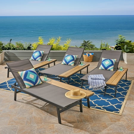 Killian Outdoor Mesh and Aluminum Chaise Lounge with Side Table, Set of 4, Gray