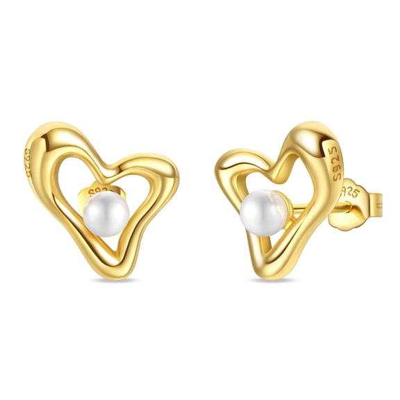 KUNSIR 925 Sterling Silver Gold Plated Heart Pearl Stud Earrings for Women,Elegant Gift for Her