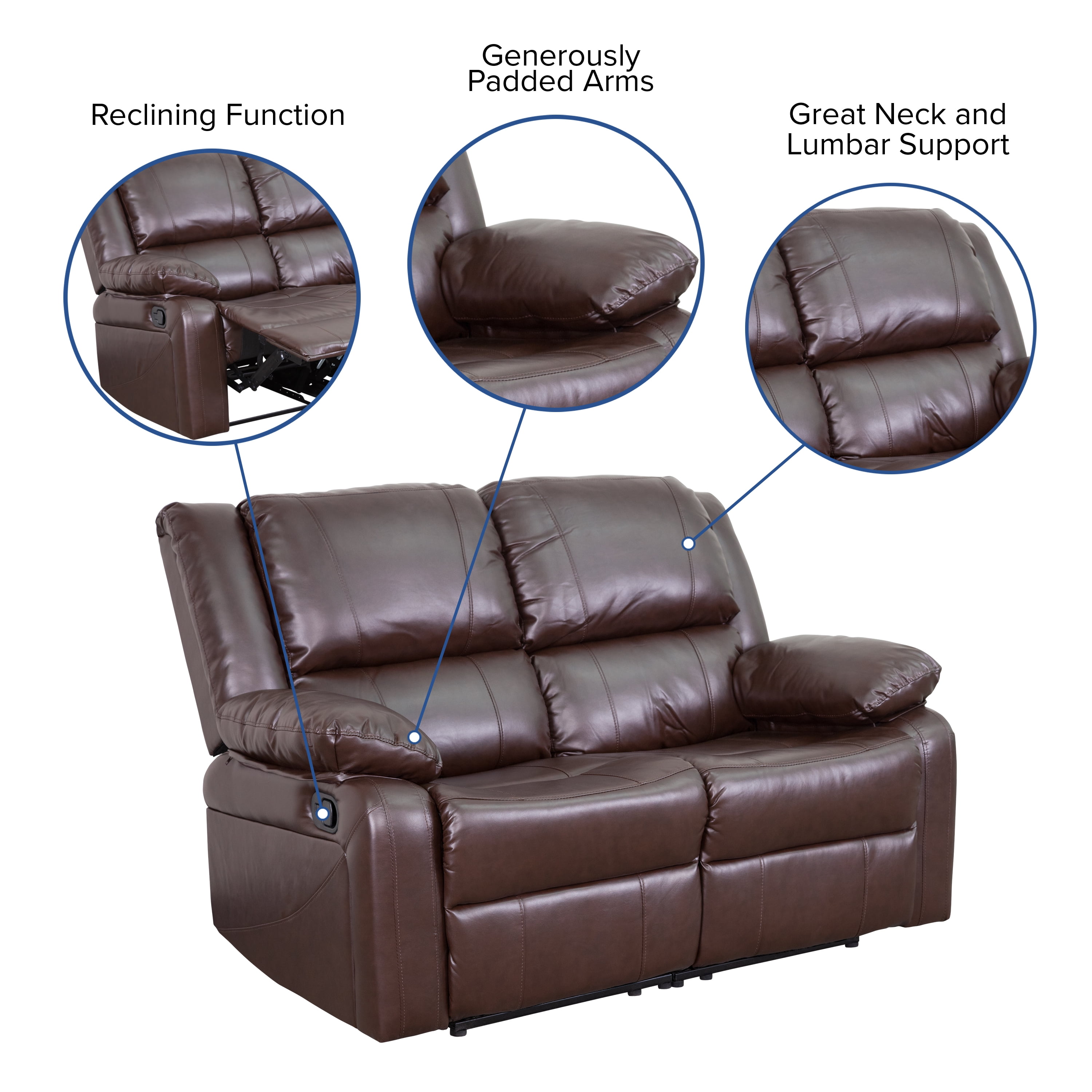 Emma + Oliver Brown LeatherSoft Loveseat with Two Built-In Recliners