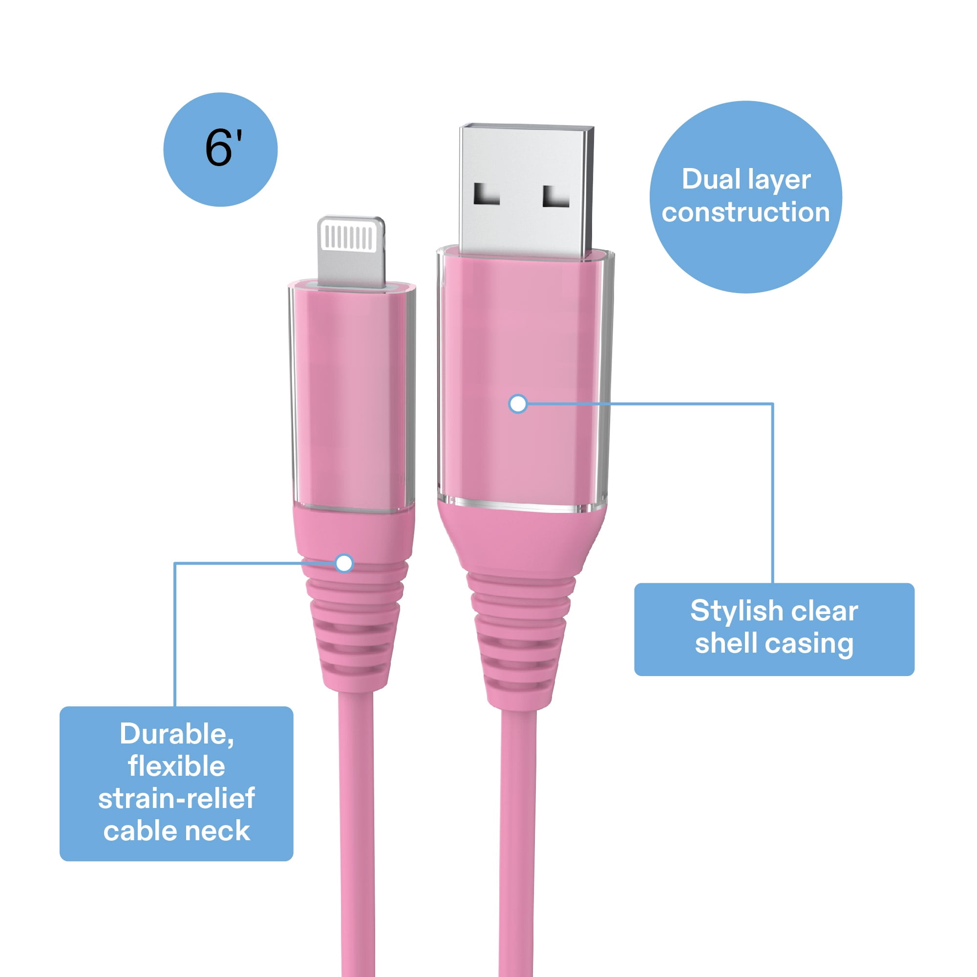 onn 6ft Lightning to USB Charging Cable - Pink - Compatible with iPhone 14/13/12/11/X/XR/XS/8/7/6/5, iPad, Airpods and more