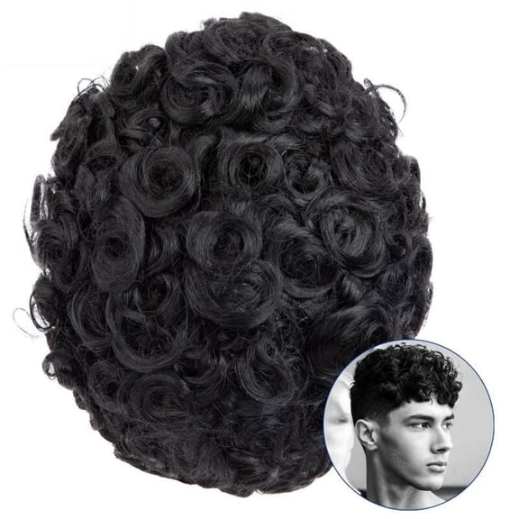 20mm Curly Toupee for Men 0.1mm PU Skin Base Hair Toupee Breathable Male Hair Prosthesis Black Human Hair Replacement Systems Unit Man Wig