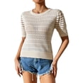 thumbnail image 1 of Blusa ahuecada de punto Cuello redondo Manga corta abullonada Ajuste casual Blusa ahuecada de color puro Albaricoque L, 1 of 8