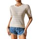 thumbnail image 1 of Blusa ahuecada de punto Cuello redondo Manga corta abullonada Ajuste casual Blusa ahuecada de color puro Albaricoque L, 1 of 8