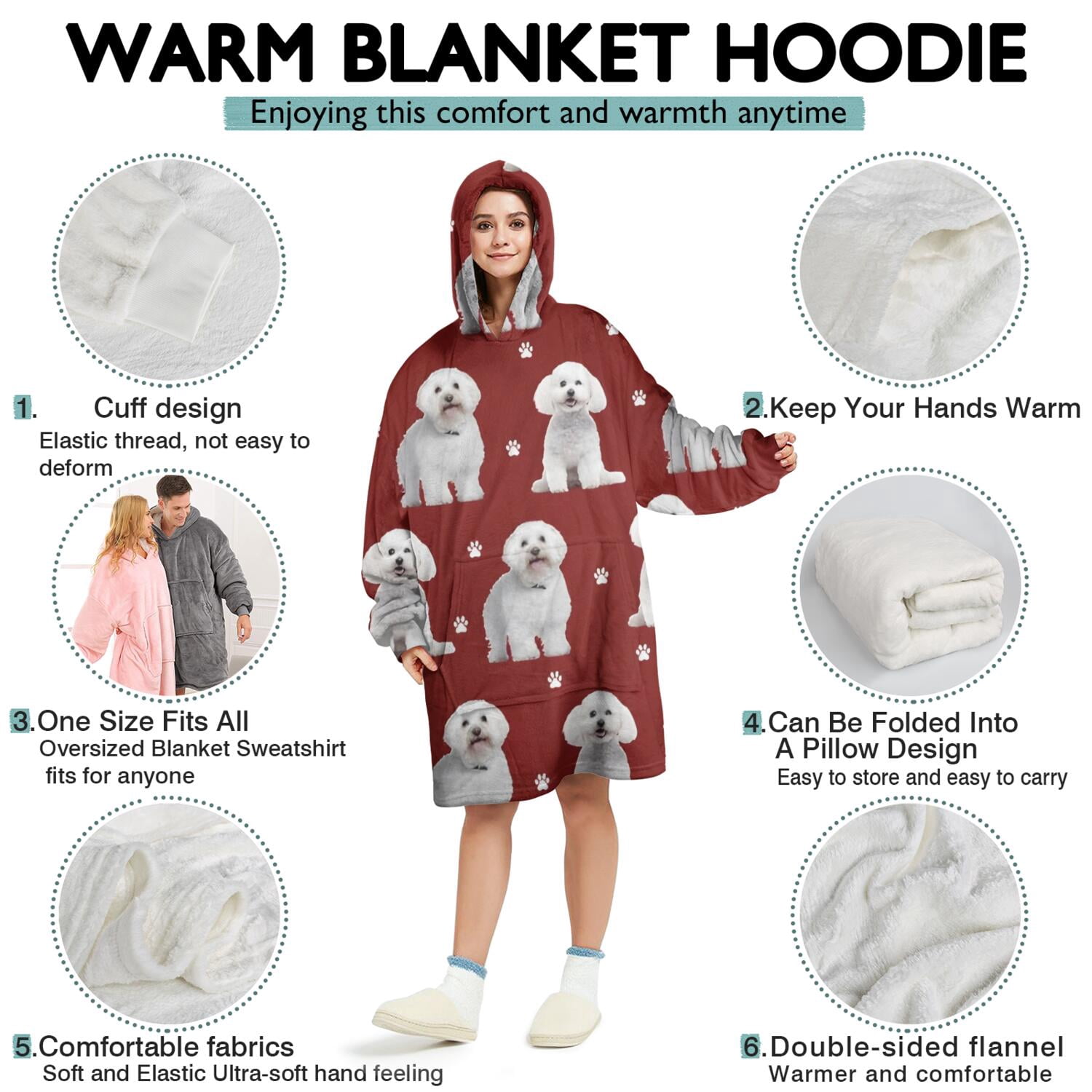Pink Bichon Frise Wearable Oversized Blanket,Wearable Blanket Hoodie for Adults,Cozy Hooded Blankets with Super Pockets,Super Warm Fuzzy Pullover for Women & Men