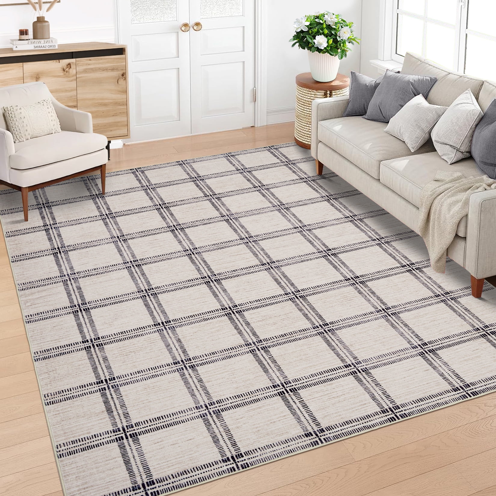 Nasitip Modern Geometric Plaid Pattern Beige 9'x12' Area Rugs for Living Room Soft Low Pile Non-Sliping, Machine Washable