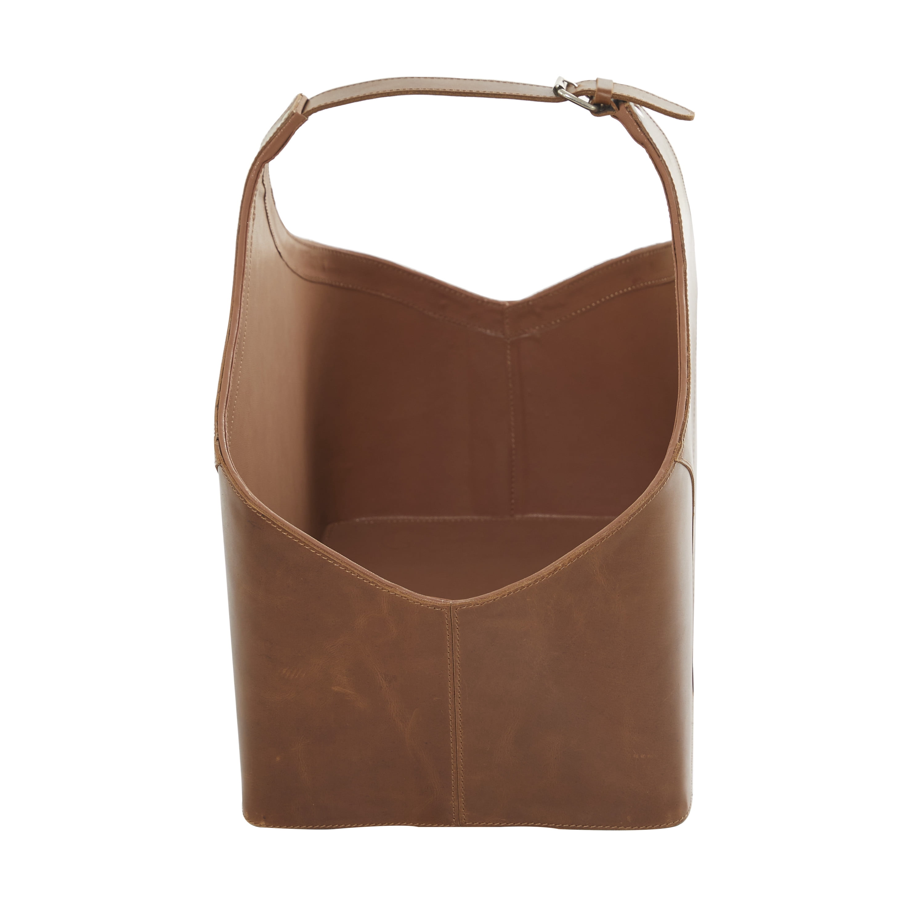DecMode 16" Brown Leather Box Style Single Slot Magazine Holder with Detail Stitching and Curved Handles