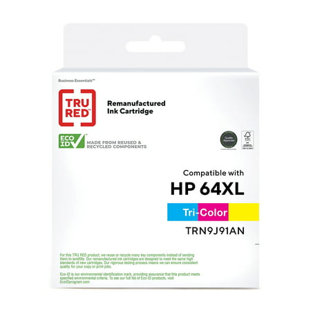 TRU RED Reman Tri-Color High Yield Ink Cartridge Replacement for HP 64XL TRN9J91AN Deliver crisp  consistent print quality with this TRU RED remanufactured HP 64XL tri-color ink cartridge.Reproduce your photos in vibrant colors with this tri-color ink cartridge. A yield of up to 415 pages is perfect for small office use. This TRU RED remanufactured HP 64XL tri-color ink cartridge is compatible with a selection of HP printers for a seamless fit. Yields up to 415 pages per high yield cartridge. Remanufactured cartridges will save you money compared to the National Brands. TRU RED remanufactured cartridges produce print reliable copies. Contains one tri-color high yield cartridge. Compatible to tri-color N9J91AN cartridge. Compatible with HP Envy Photo 6220  6222  6230  6232  6234  6252  6255  6258  7120  7130  7134  7155  7158  7164  7820  7822  7830  7855  7858  7864; Tango  Tango X. 1-year guarantee to be free of manufacturer s defects  get free replacement or your money back.Safety Data Sheet. Sold as 1 Each.