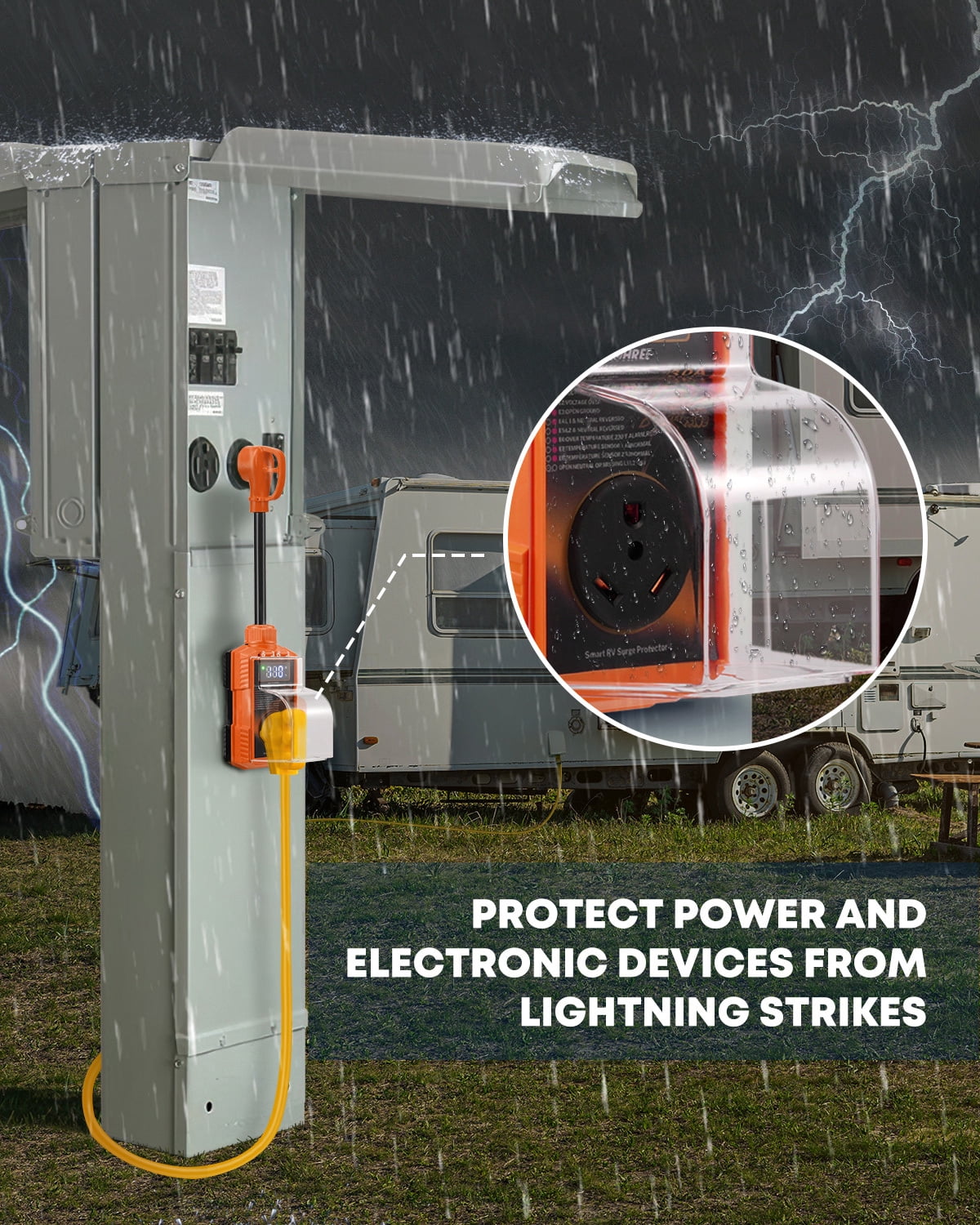 Kohree RV Surge Protector 50 Amp 12000 Joules with High/Low Voltage Protection,with LED Display Waterproof ,Auto Shut Off for Camper,Travel Trailers-Orange