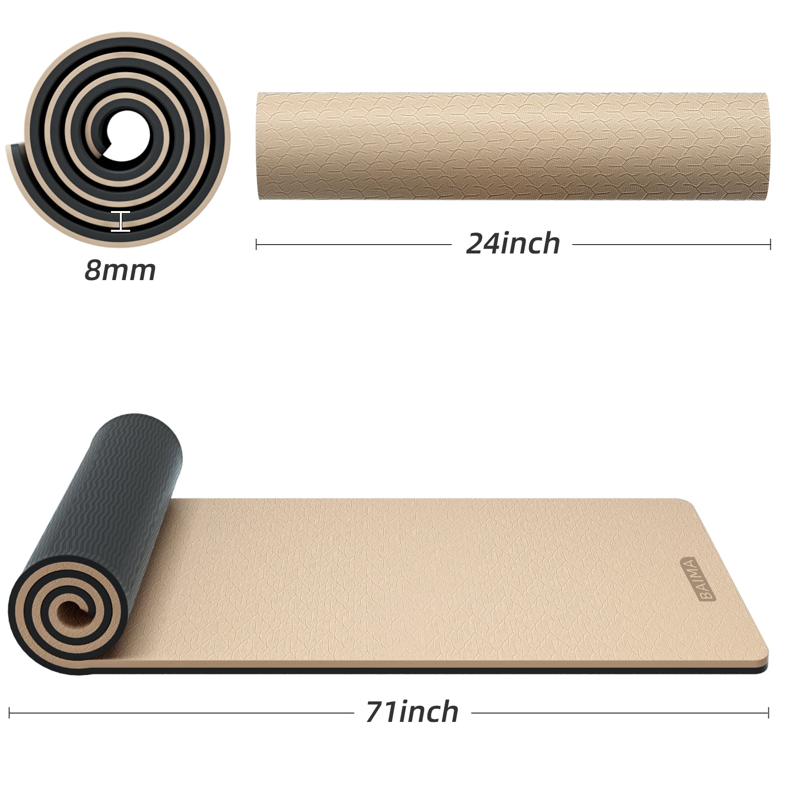 BAIMA Workout Mat Thick 8mm,Roll-up Pilates Mats Wide,Non Slip Matt,Eco Friendly TPE for Home,Gym,office,Floor Exercise,71"x 24"(Milkcoffee+Black)