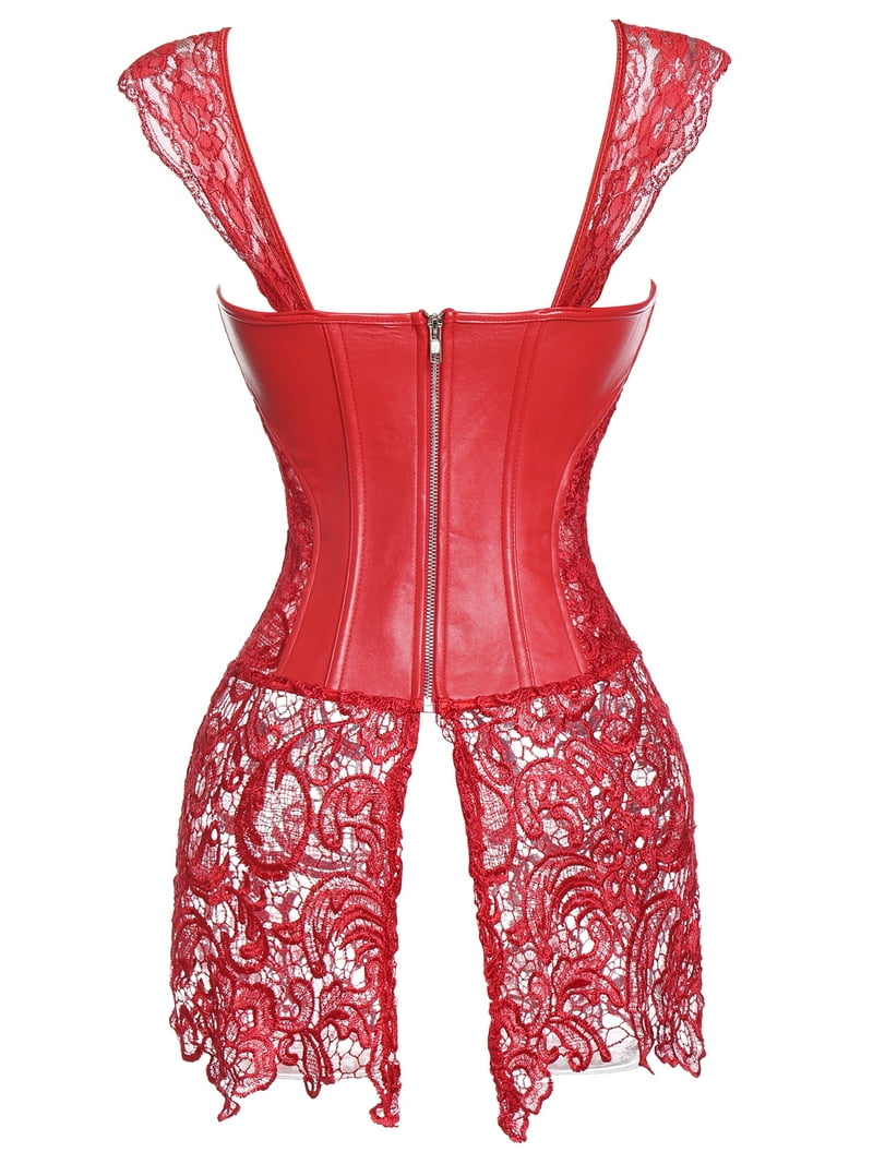 Miss Moly Gothic Burlesque Corset Dress Lace Skirt Faux Leather Bustier  Zipper Red L - Walmart.com