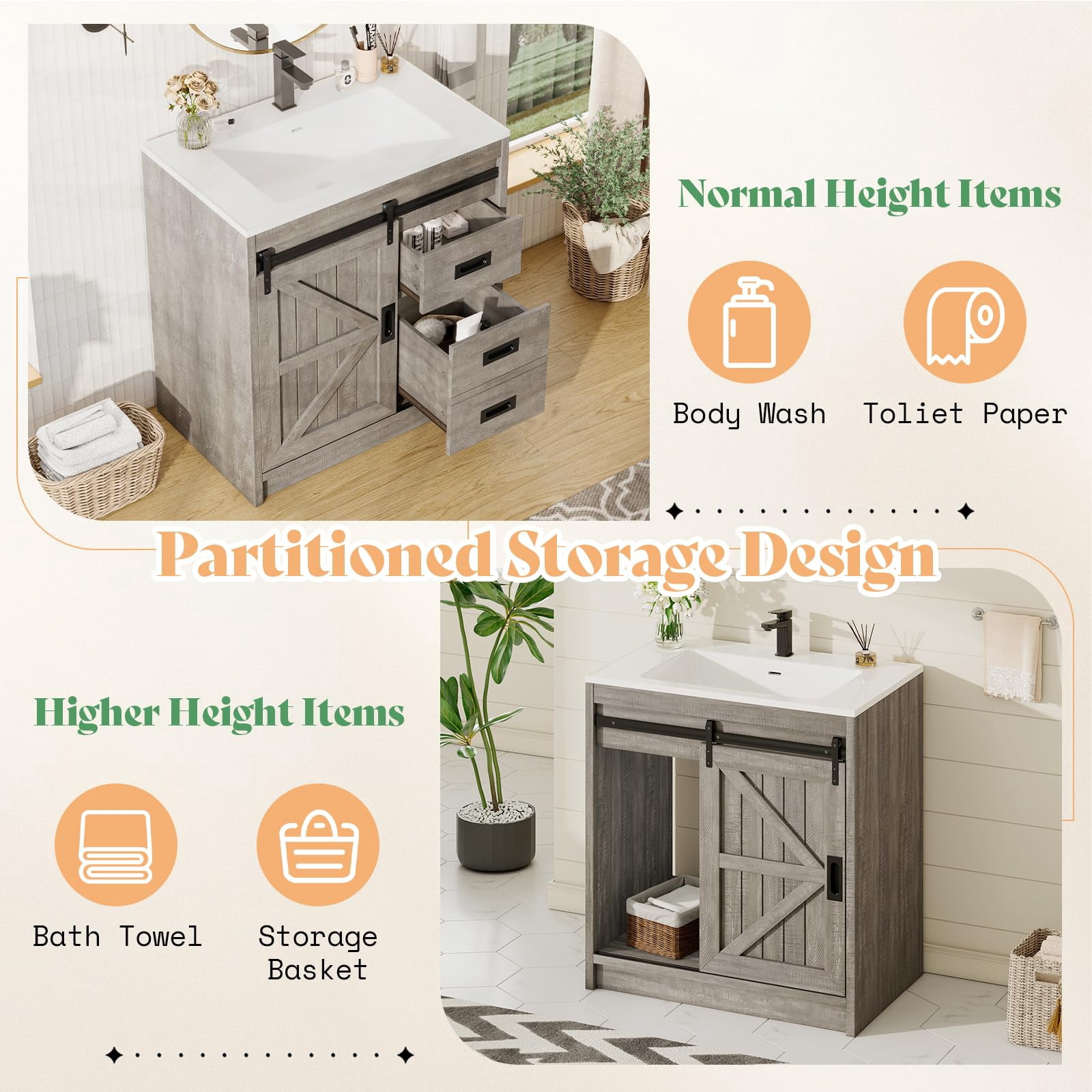 VANACC 31" Farmhouse Sliding Barn Door Bathroom Vanity with Sink Combo, Bathroom Vanity Cabinet with Drawers & Metal Handles, Freestanding, Gray