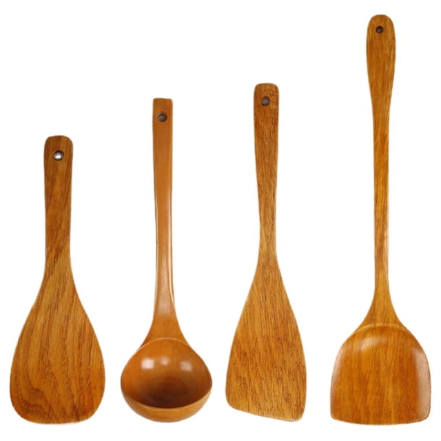4pc Wooden Kitchen Utensil Set - Non-Stick Pan Safe Cooking Tools (Wok Spatula, Frying Spatula, Soup Spoon, Rice Spoon), Heat-Resistant Ergonomic Wooden Utensils for Home Cooking & Serving