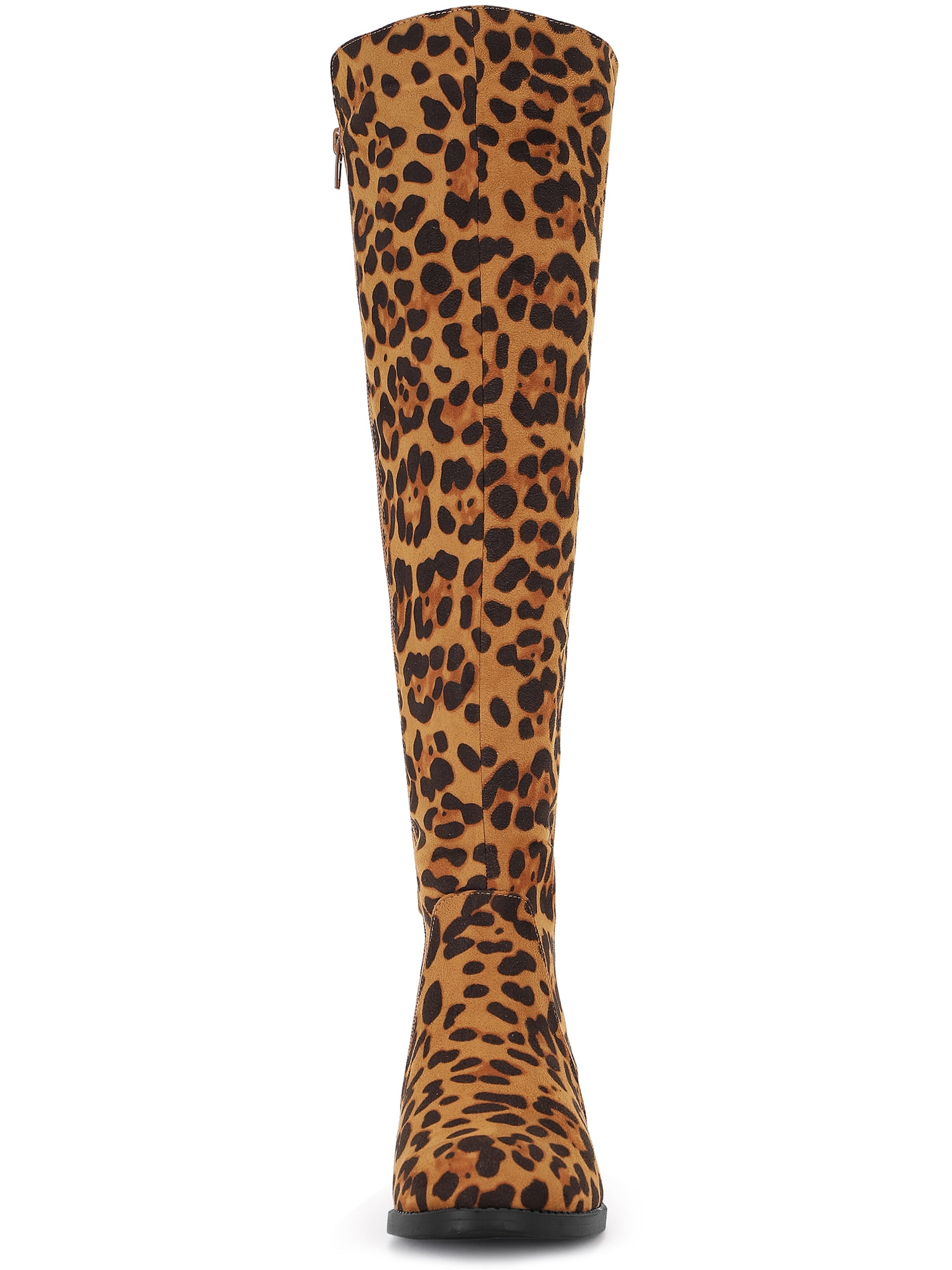 DARING DIVA Women's Chunky Heels Side Zipper Round Toe Knee High Boots Leopard 9