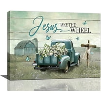 Farmhouse Truck Wall Art Old Barn Cross Daisy Wall Decor Christian Jesus Quotes Teal Pictures Canvas Prints Motivational Framed Modern Artwork for Home Living Room Bedroom Bathroom 16"x12"