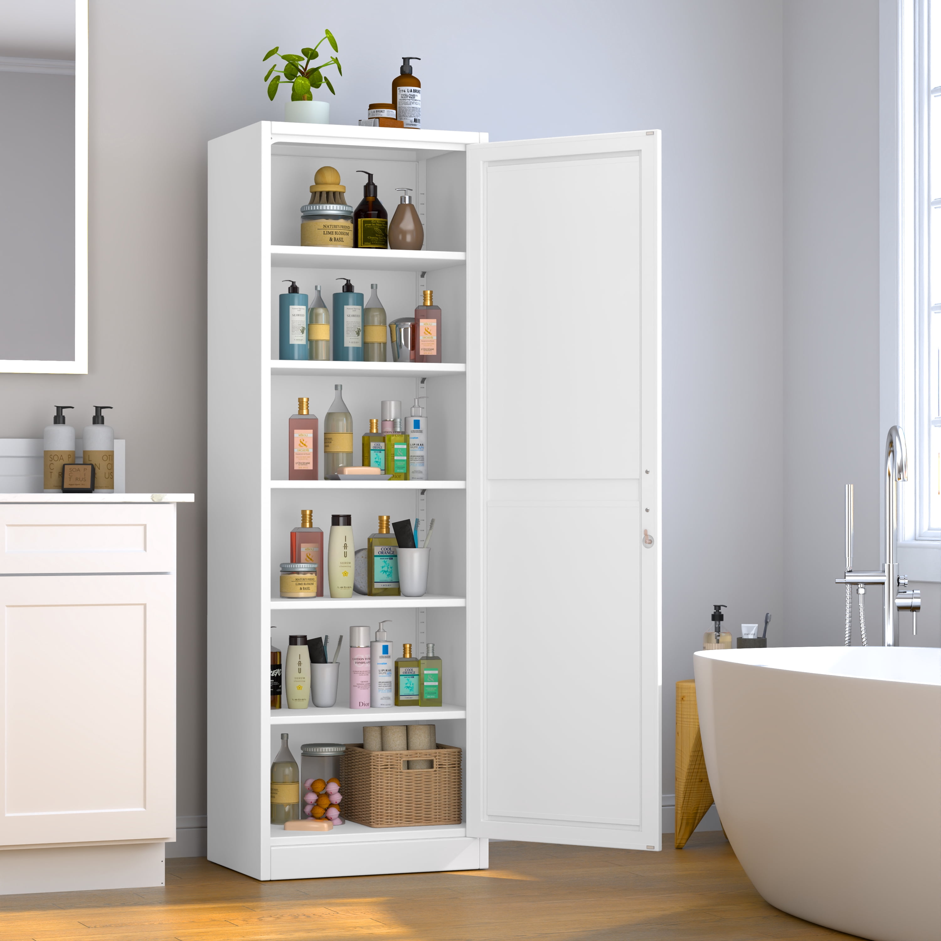 Ero 67" Metal Storage Cabinet with Lock, Tall Narrow Office File Cabinets with 1 Door & 5 Adjustable Shelves