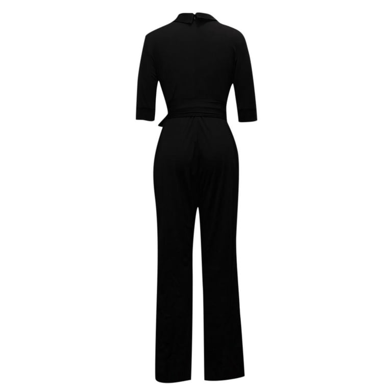 Jumpsuits for Women Loose Belted Dressy Long Sleeve Crewneck Fall Jumpsuit  Wide Leg Formal Work Rompers with Pockets 
