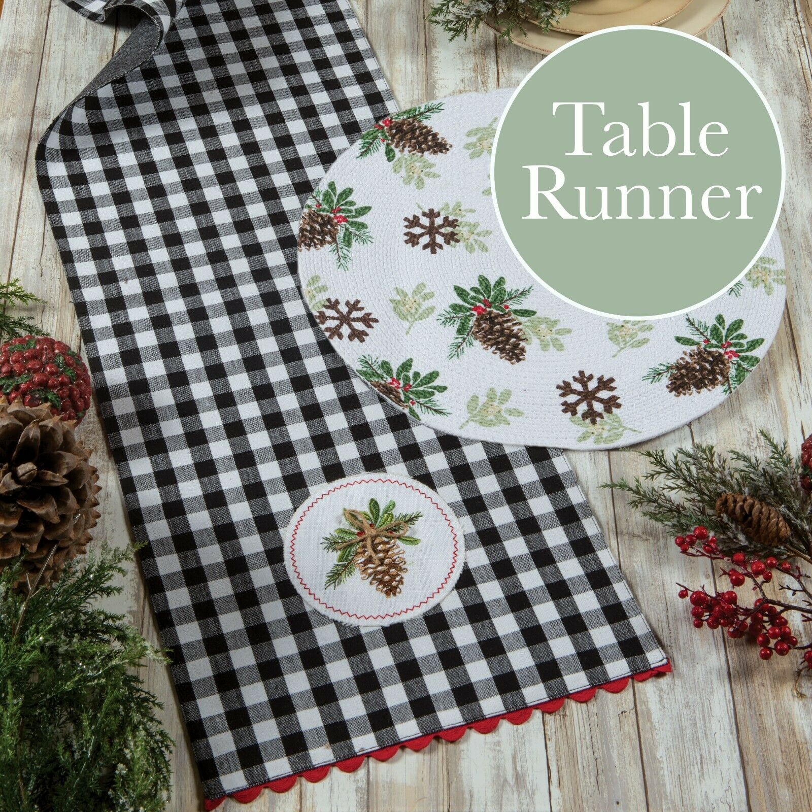 JOY IN WINTER Holiday Pinecone Table Runner, 13" x 72", by Kay Dee
