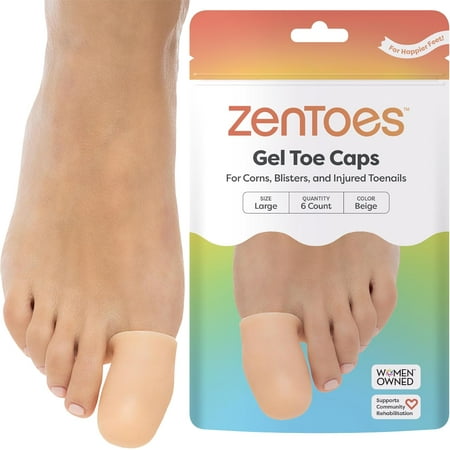 Zentoes Toe Caps Cushion from Rubbing Shoes, Toe Gel Protector, Protect Missing and Ingrown Nails (Large, Beige), 6 Count