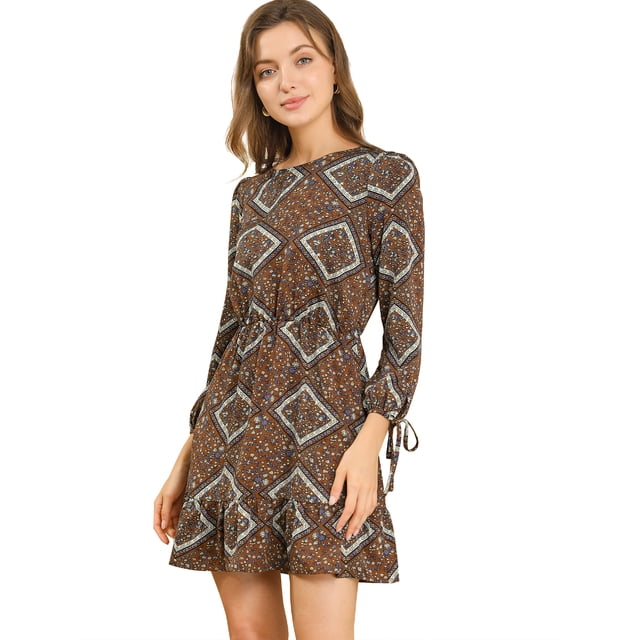 Vestido De Gasa Bohemia Vintage De Manga Larga Estampado Floral Dobladillo Con Volantes Para Mujer Marrón S