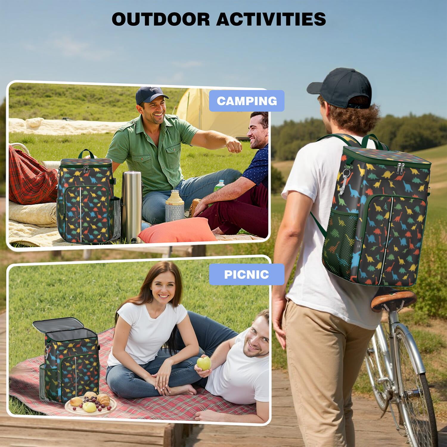 Travel Cooler Bag - Colorful Dinosaurs Pattern Camping Beer Cooler Backpack with Bottle Opener- Waterproof Insulated Picnic Backpacks - Cooler Bag for Beach
