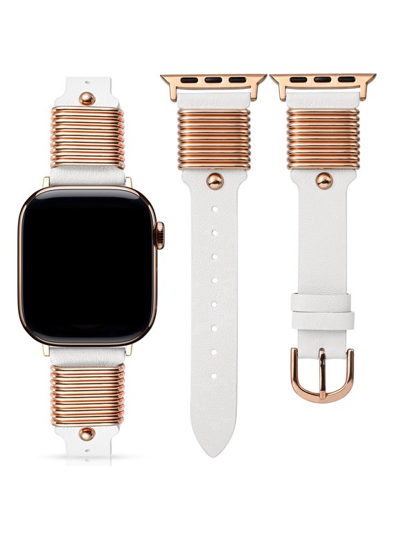 Leather Band Compatible with Apple Watch Bands Women 38/40/41/42/44/45/46/49mm, Slim Dressy Fancy Designer Strap with Metal Ring Loops for iWatch Series 11 10 9 8 7 6 5 4 3 SE/Ultra 3 2 1