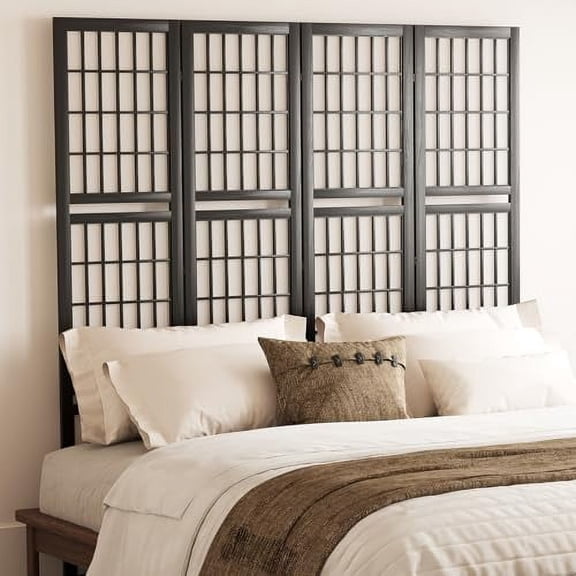 Room Divider with Shelves, 66.9-Inch Tall Japanese Shoji Style Wood Screen with Double Hinges for Home Office Bedroom Hotel Decoration (4 Panels, Black)