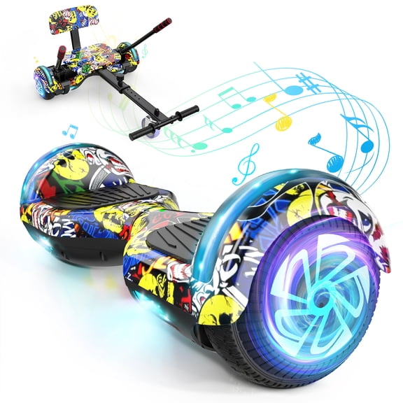 Hoverboard with Seat, 6.5" Hover Board Go Kart, Built-in Bluetooth, Wheels with LED Light