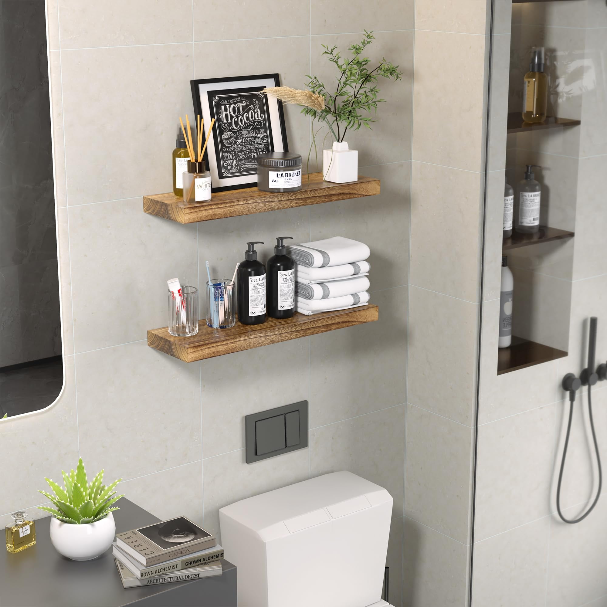 Floating Shelves for Wall Set of 2-Rustic Brown Solid Wood Wall Mounted Shelves,24" Long x 7" Deep x 1.6" Thick,Heavy Duty Shelving for Bedroom, Living Room, Kitchen, Bathroom (16inch)