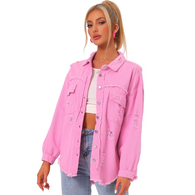 Chaqueta Vaquera con Dobladillo Crudo Desgastado para Mujer Camisa Vaquera Rosa L