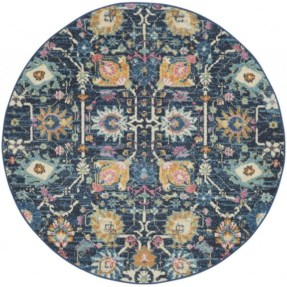 4â€™ Round Navy Blue Floral Buds Area Rug