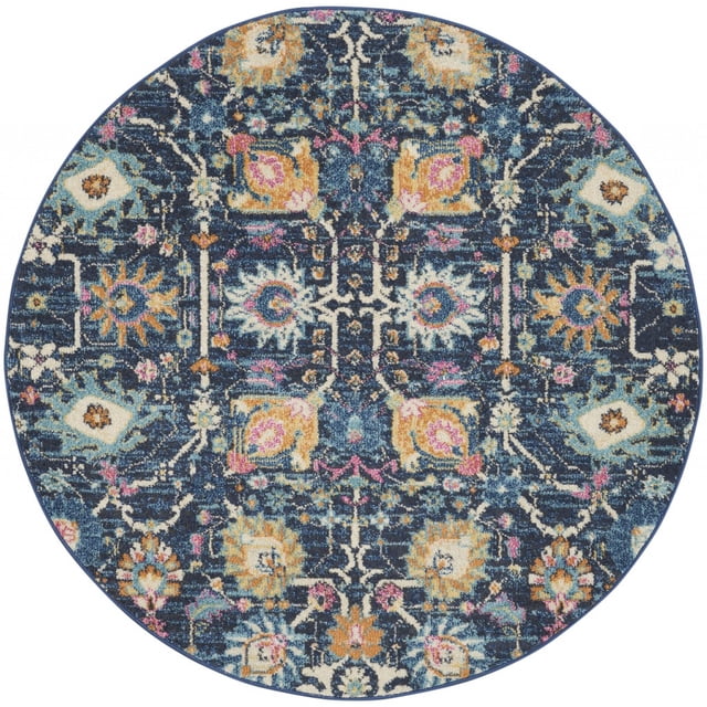 homeroots home decor 385237 5’ Round Navy Blue Floral Buds Area Rug