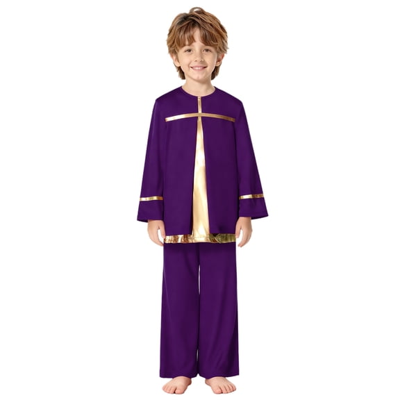Doomiva Church Robe for Boys Tunic Tops with Pants Set Choir Gowns Worship Liturgical Praise Clothes Suit Purple 8