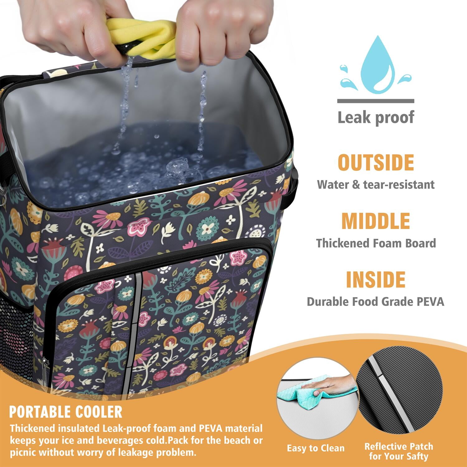 Travel Cooler Bag - Pioneer Flower Floral Print Pattern Camping Beer Cooler Backpack with Bottle Opener- Waterproof Insulated Picnic Backpacks - Cooler Bag for Beach