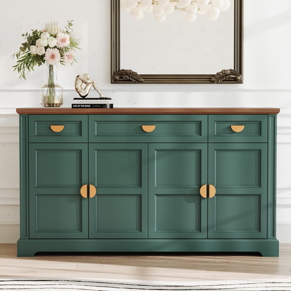 HLR 59"W Modern Large Sideboard Buffet Cabinet with Storage, 3 Drawers and 4 Doors for Kitchen, Green