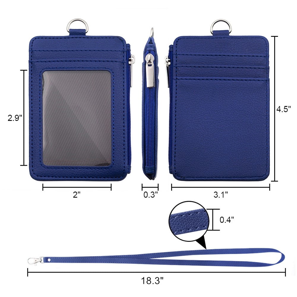 Badge Holder with Zip, Slim Double Sided PU Leather ID Card Holder Wallet Case with 5 Card Slots, 1 Side Zipper Pocket and 18" PU Neck Lanyard/Strap, Vertical-Blue5PCS