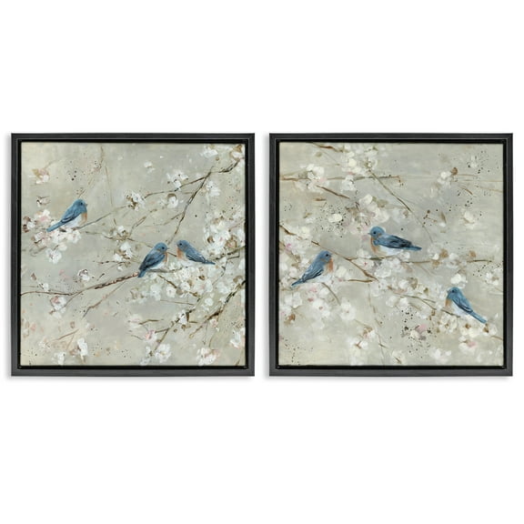 Stupell Industries Blue Birds Perched Tree Blossoms Animals & Insects Painting Black Floater Framed Canvas Art Print Wall Art, 18 x 18, Set of 2