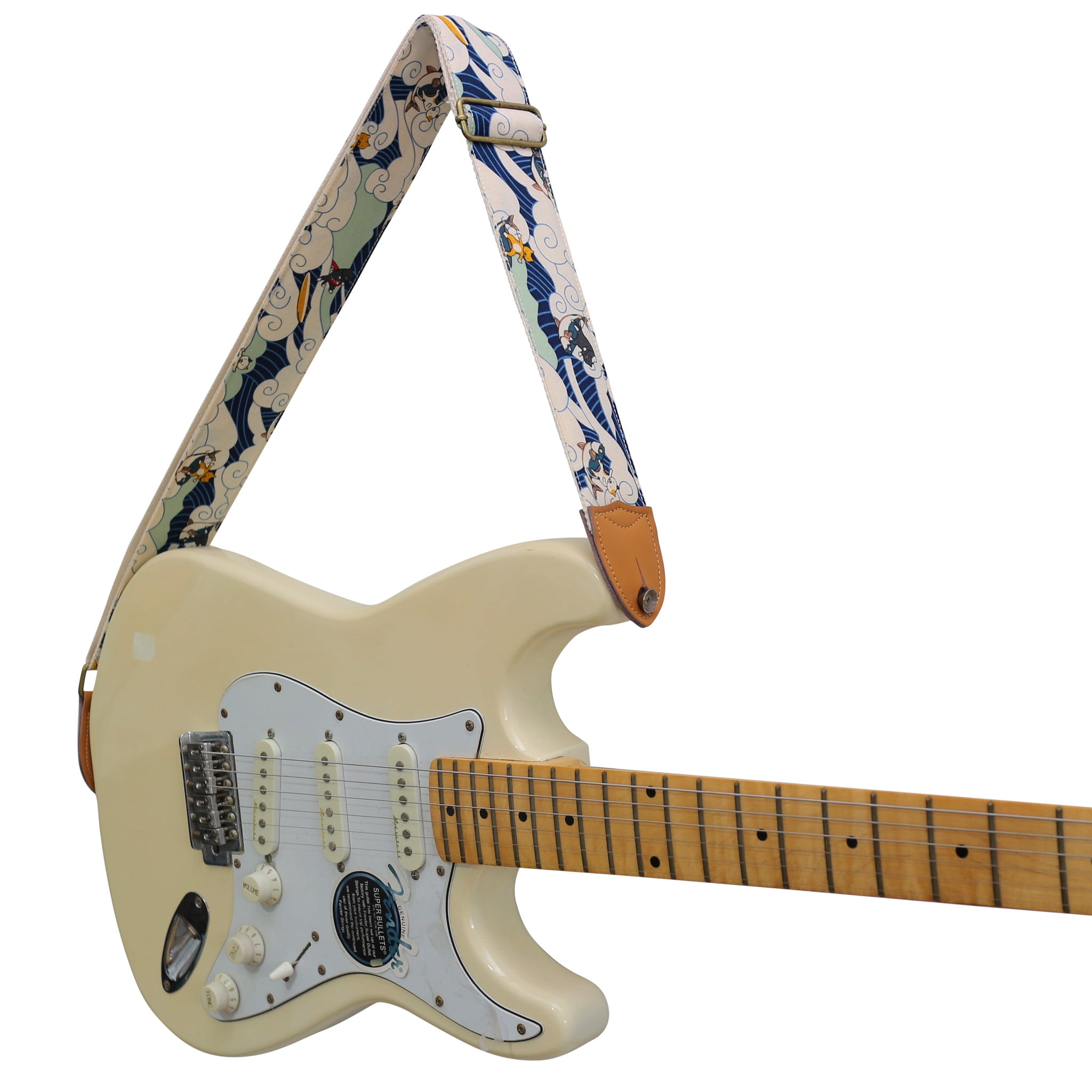 MUSIC FIRST Original Design, 2 inch width (5cm), Vintage Ukiyoe Style"Surfing Cat" Electric Guitar Strap
