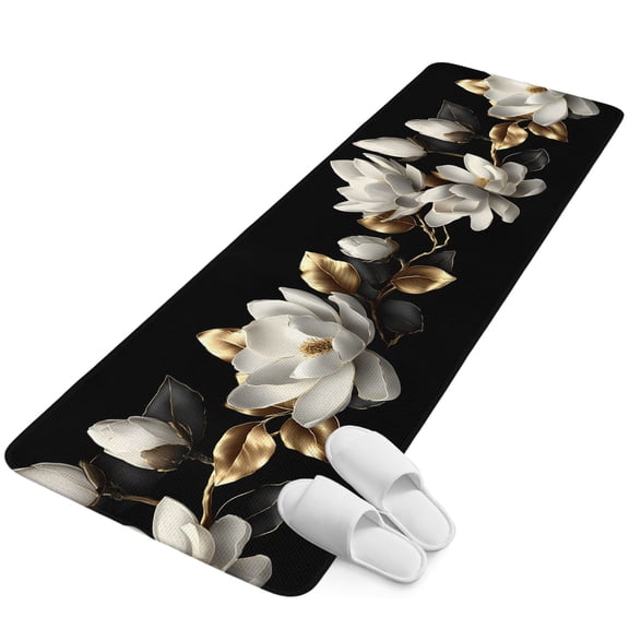 Runner Rug 2.62'x6.56', White Floral Non Slip Backing Floor Mats Soft Area Rugs, Absorbent Muddy Dirt Trapping Carpet for Entryway Hallway Bedroom Vintage Country Luxurious Botanical Black Gold