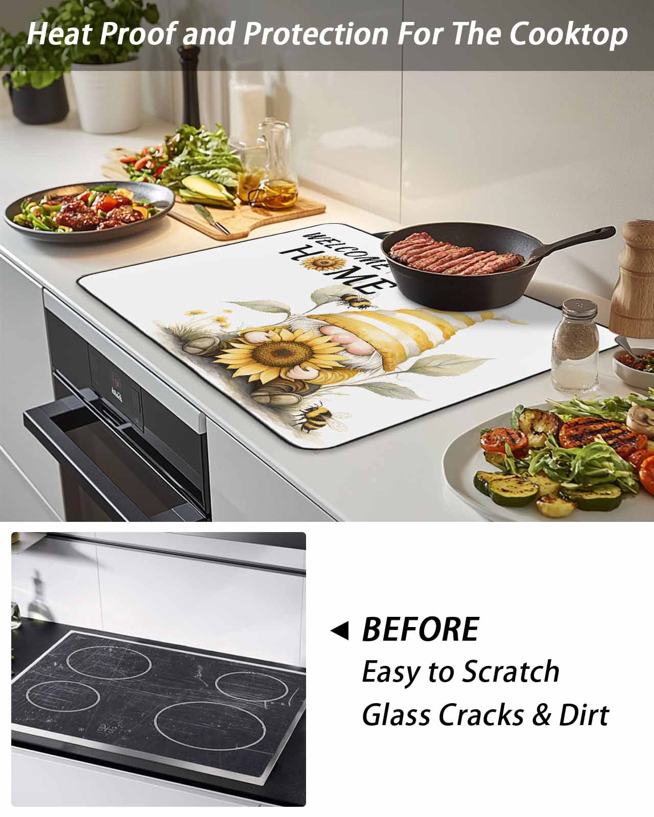 Stove Top Covers for Electric Stove 28.5x20.5 Inches, Yellow Sunflower Heat Insulation Fireproof Glass Cooktop Protector, Gnomes Vintage Bee Butterfly Art Countertop Stovetop Cover for Kitchen