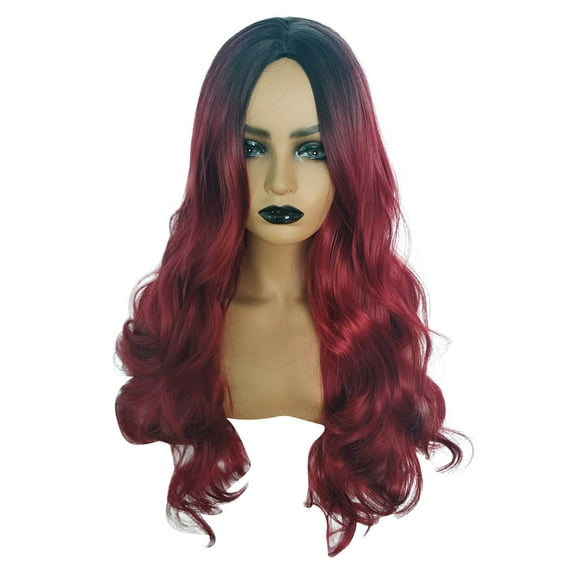 Black Women Natural Party Cosplay Red Long Wave Sexy Curly Wavy Synthetic Wigs(2Pack)