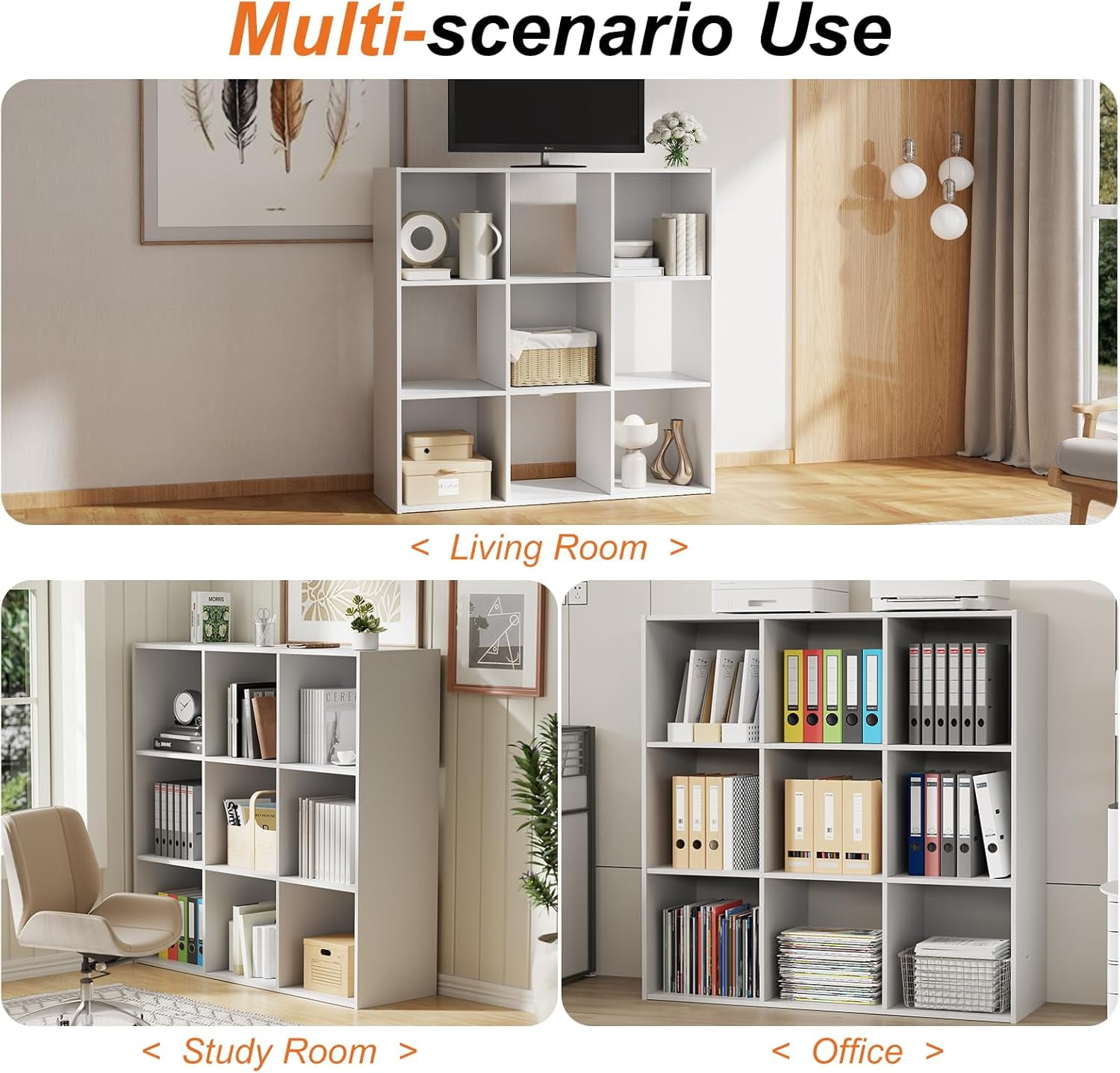White Cube Storage Unit, 3-tier Bookcase with 9 Cube Storage Unit, Open Display Bookcase with Removable Back Panels for Living Room, Home Office, Bedroom