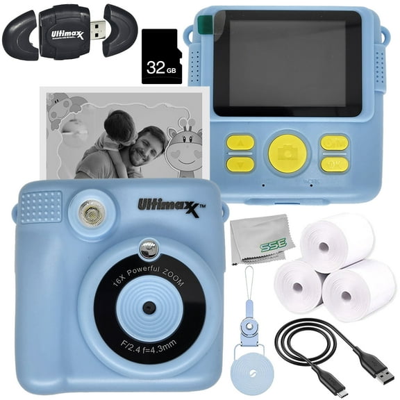 Ultimaxx Essential Instant Print Camera for Kids Bundle (Blue) - Includes: 32GB microSD Card, High-Speed Memory Card Reader & More (9pc Bundle)