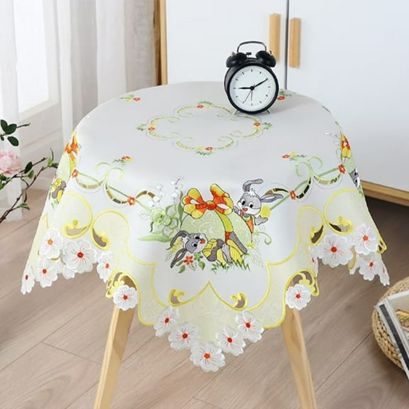 Gallickan Easter Decoration Round Tablecloth, Happy Easter Bunnies Eggs Table Cloth Floral Bunnies Eggs Table Topper Home Kitchen Dining Tabletop Decor, White