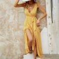 thumbnail image 1 of Robes d'Été Robe de Mode Femmes Été Casual V-Cou Sans Manches Bandage en Vrac Split Imprimé Longue Robe Jaune XL, 1 of 8