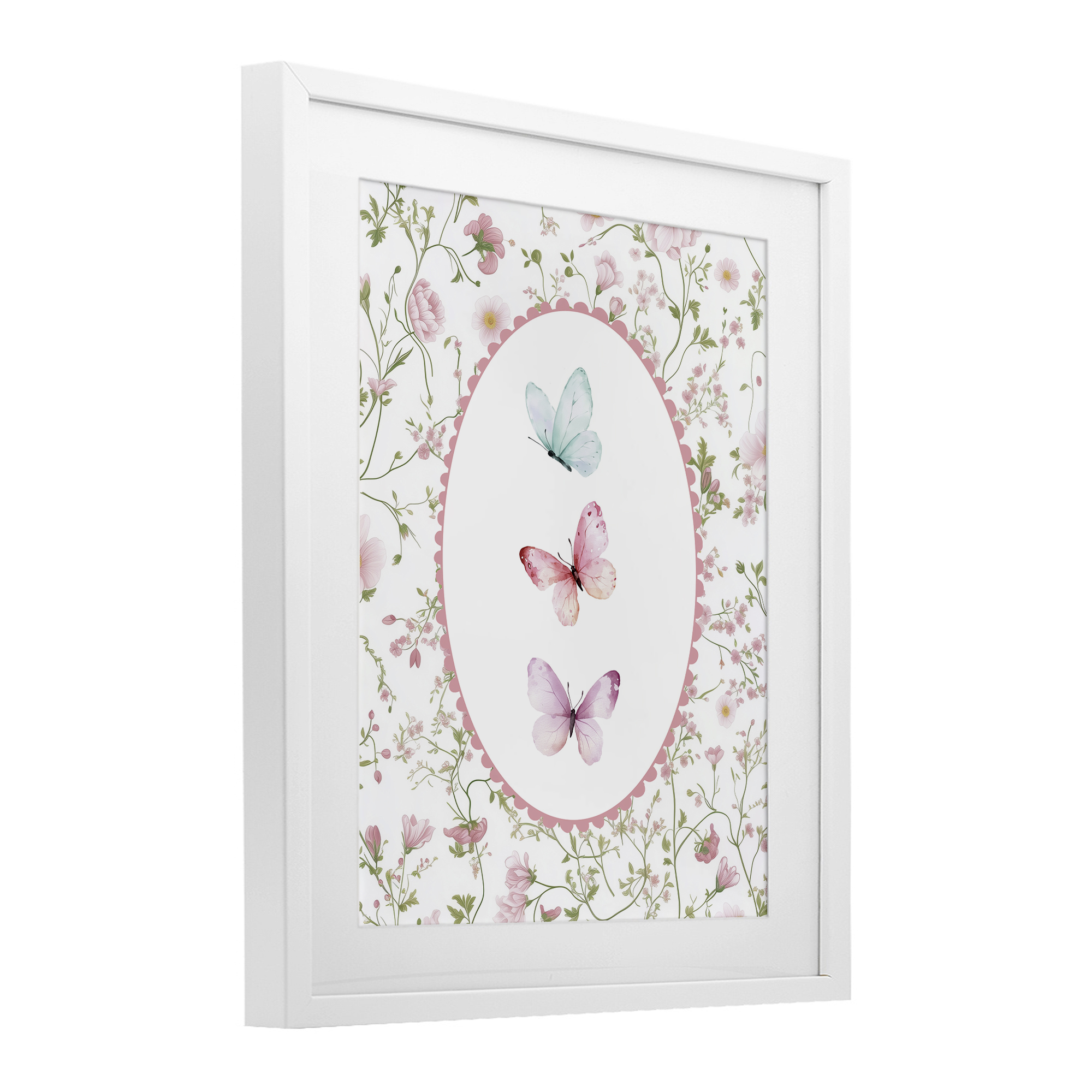 Delicate Florals & Butterfly White Framed Print Under Glass, design by Christine Simpson Art