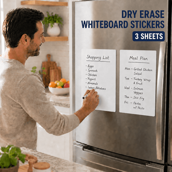 VALUNE 3pcs 12×8 inch non-magnetic dry erase stickers. Restickable no-residue whiteboard sheets for fridge, wall and cabinet.