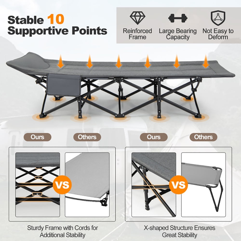 Aimee Lii Folding Camping Cot with Carry Bag Cushion and Headrest, Outdoor Portable Camping Bed for Sleeping Hiking Travel, Gray