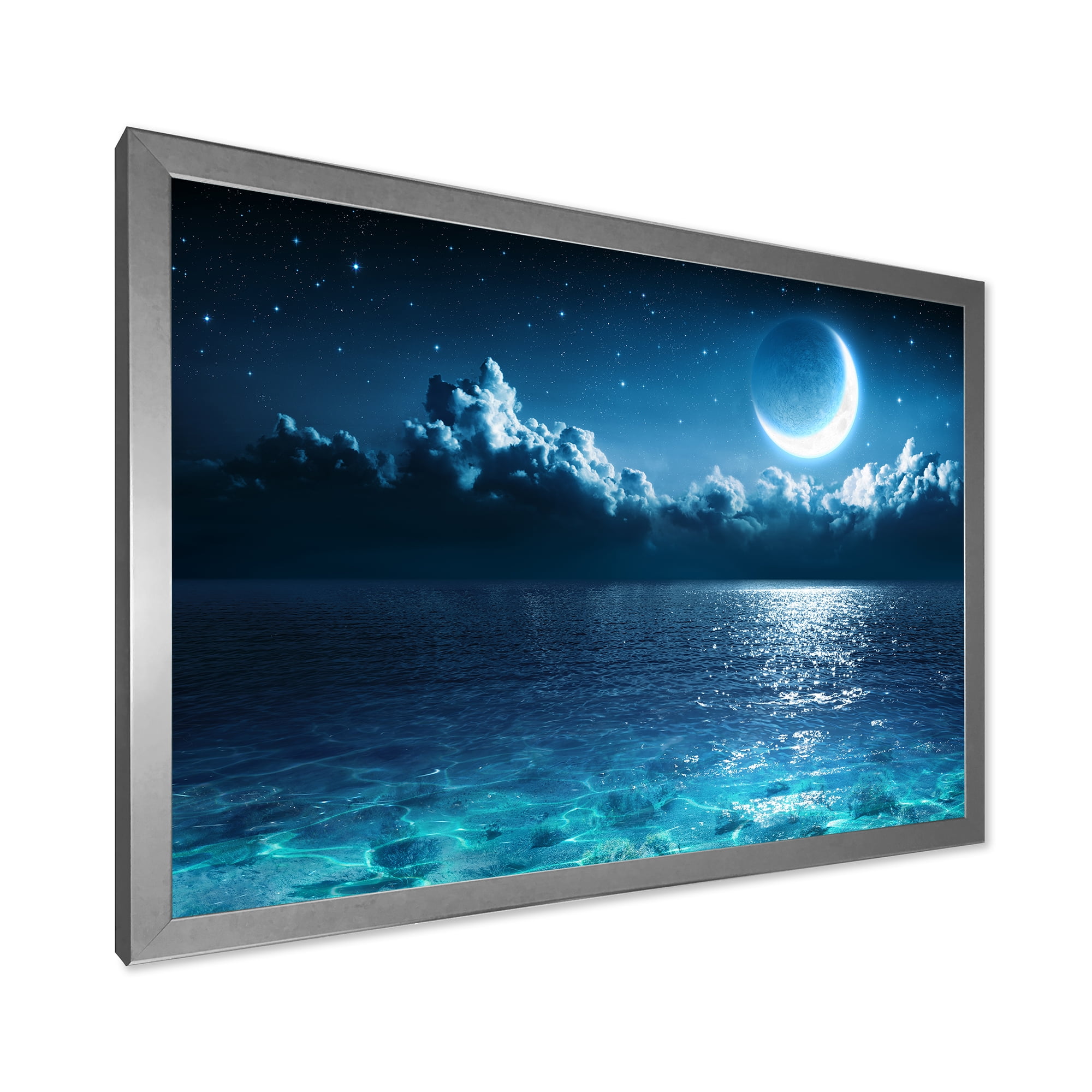 Designart 'Romantic Moon and Clouds Over Deep Blue Sea I' Nautical & Coastal Framed Art Print