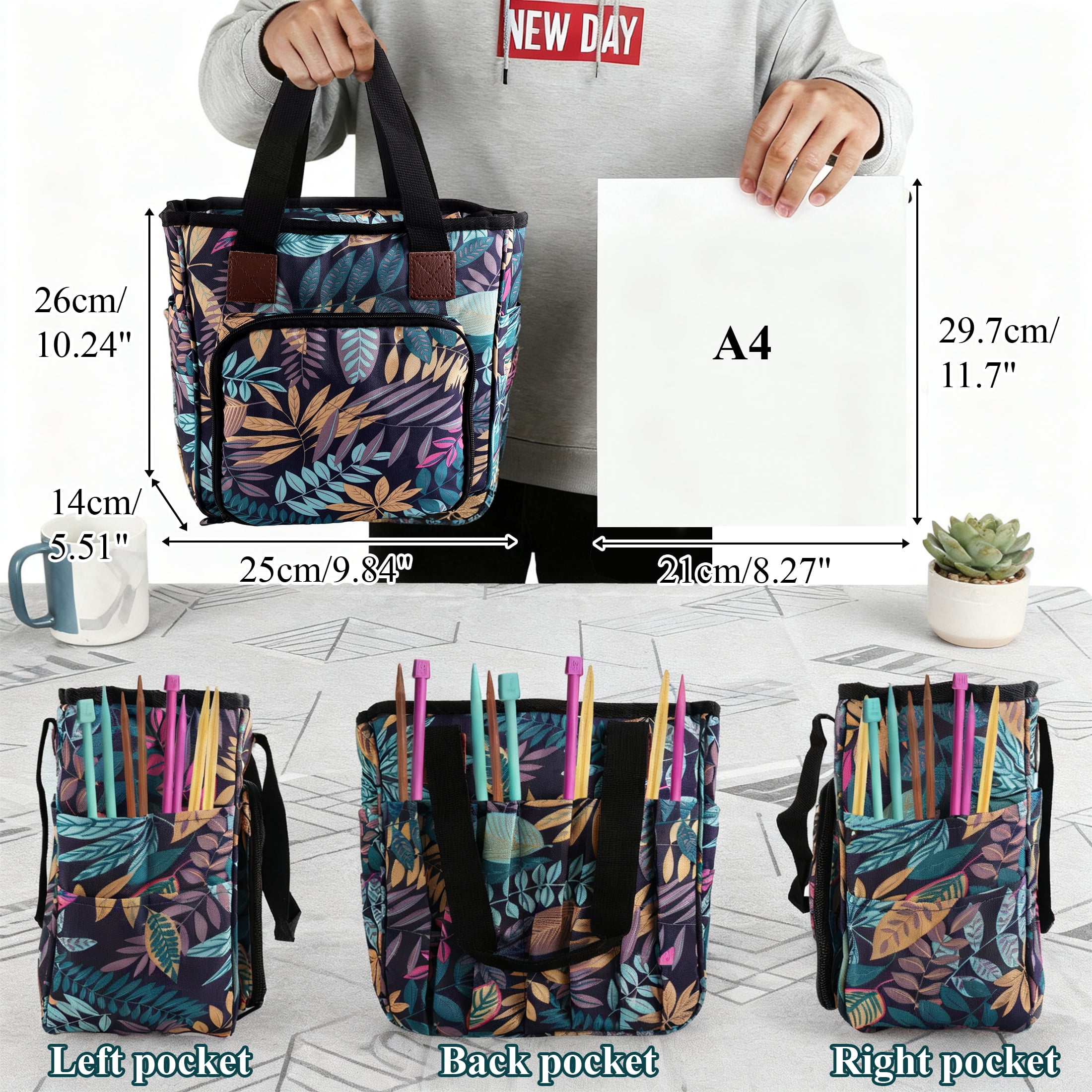 Fabulas Crochet Bag, Yarn Storage Organizer Knitting and Crochet Tote Bag, Portable Yarn Holder for Crocheting Projects, Yarn Bag for Crochet Accessories, Crochet Hooks, Yarn Balls, Blue